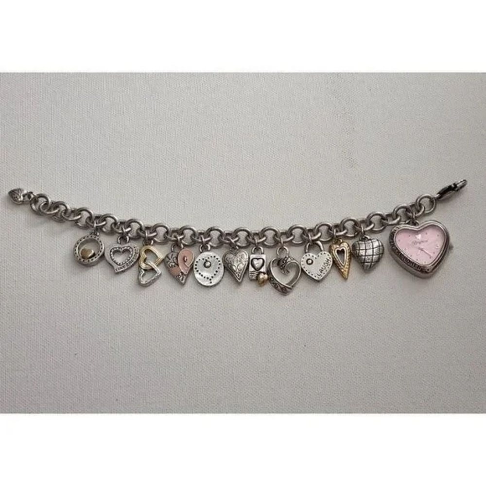 Brighton Heart Charm Bracelet Watch Silver Tone Pink Face Womens Jewelry
